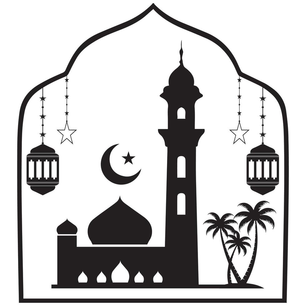 Ramadan Mosque Silhouette Islamic Lanterns Crescent Moon Design vector