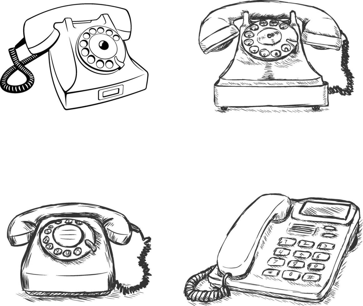 Set of Hand Drawn Rotary Dial Vintage Phone vector