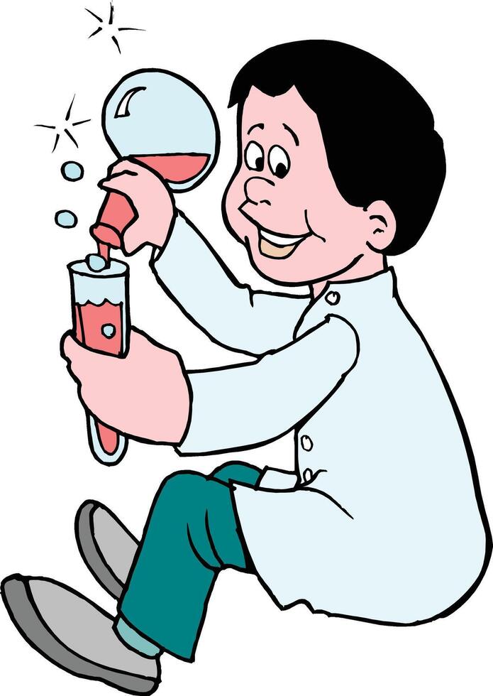 Happy Young Scientist Mixing Colorful Chemical Experiment Chemistry vector