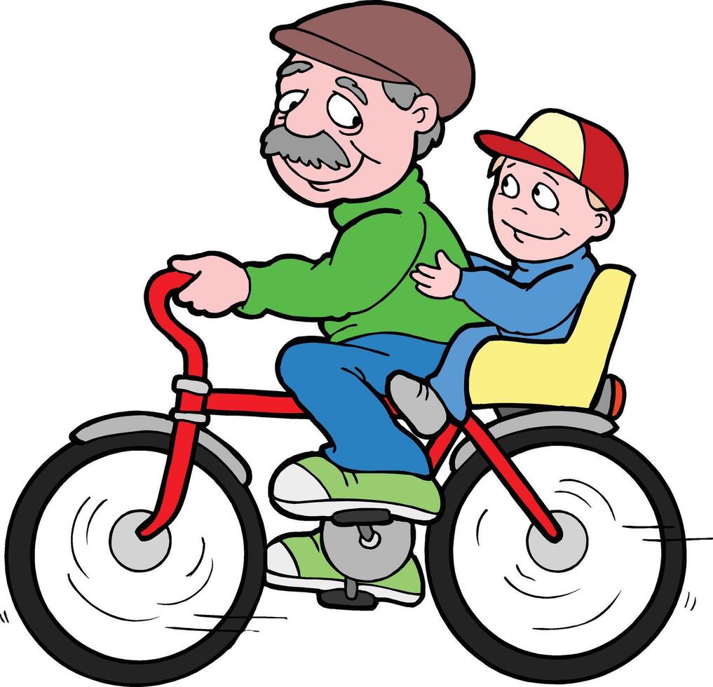 Grandfather riding a bike with his grandson vector