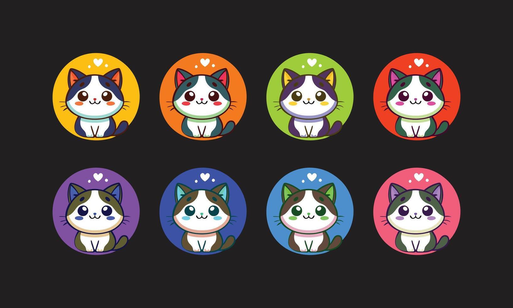Adorable Kitten Icons in Colorful Circles, Whimsical Feline Faces with Heart Details vector