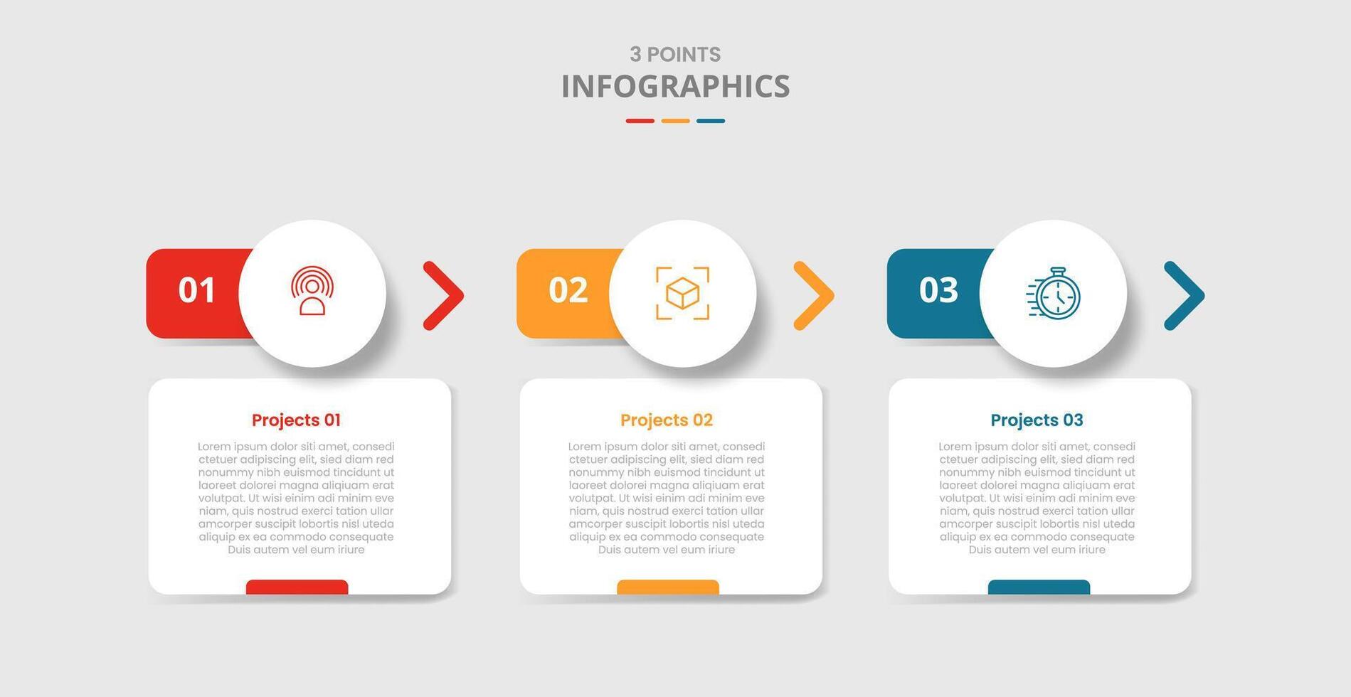 3 points template infographic with round box with circle header and arrow direction with drop shadow style with three stage list information vector