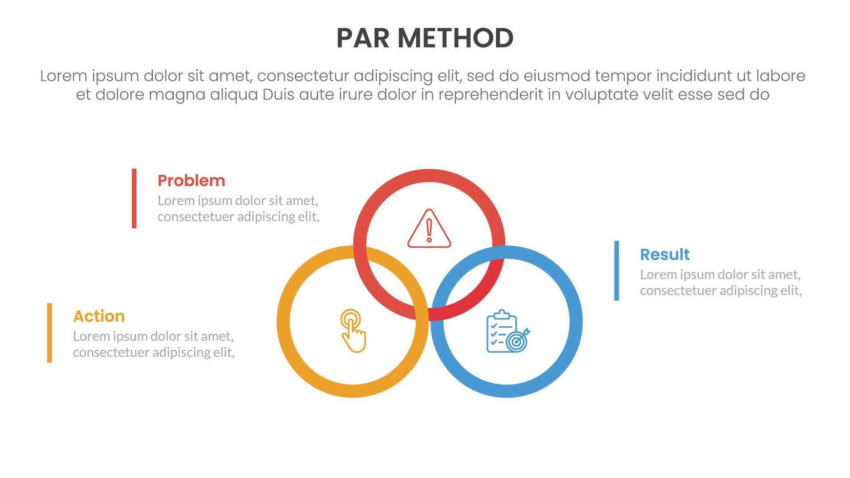 PAR method infographic 3 point with big circle outline union or joined on center for slide presentation vector