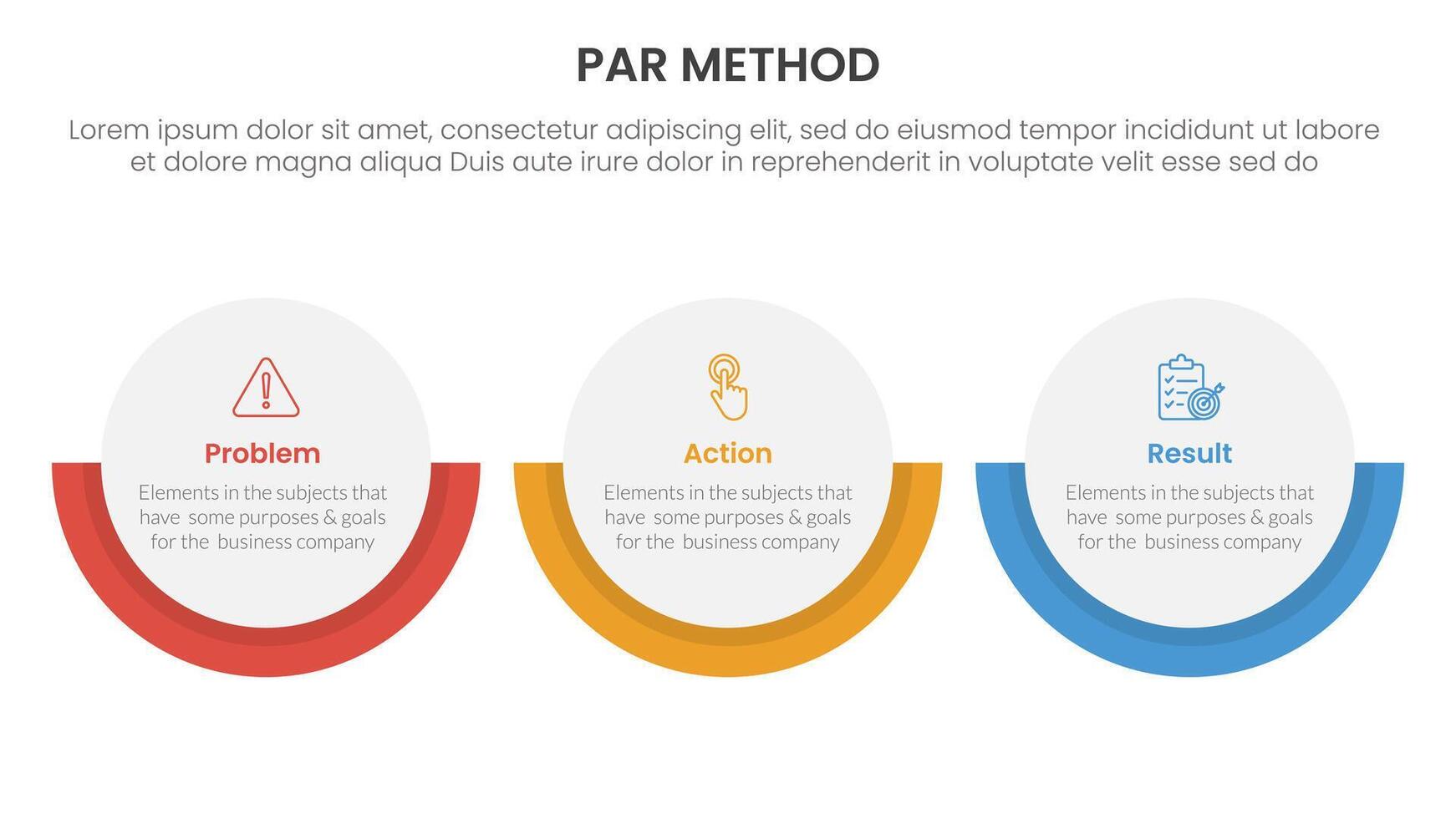 PAR method infographic 3 point with big circle horizontal layout for slide presentation vector
