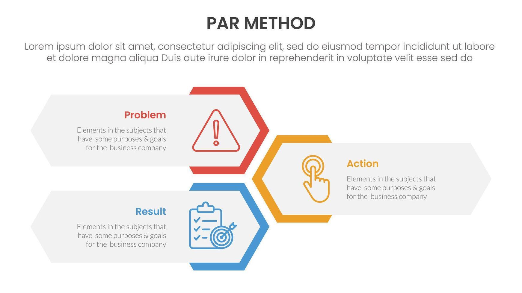PAR method infographic 3 point with vertical hexagon shape layout for slide presentation vector