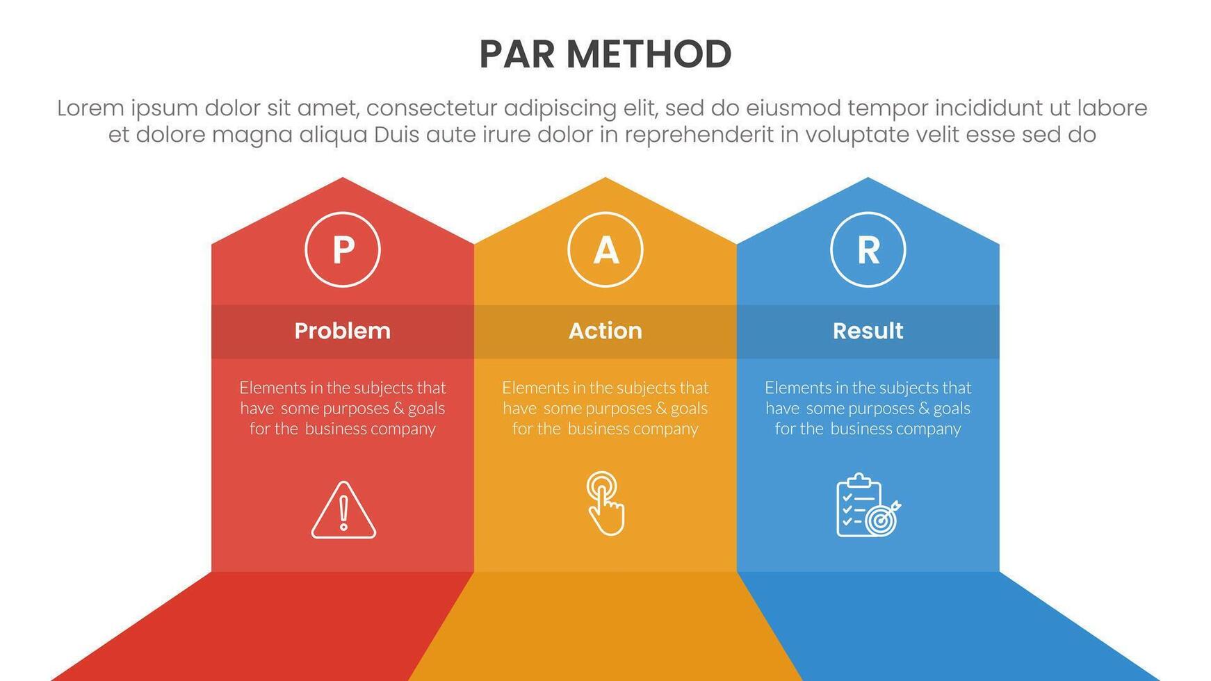 PAR method infographic 3 point with big shape arrow header top direction for slide presentation vector