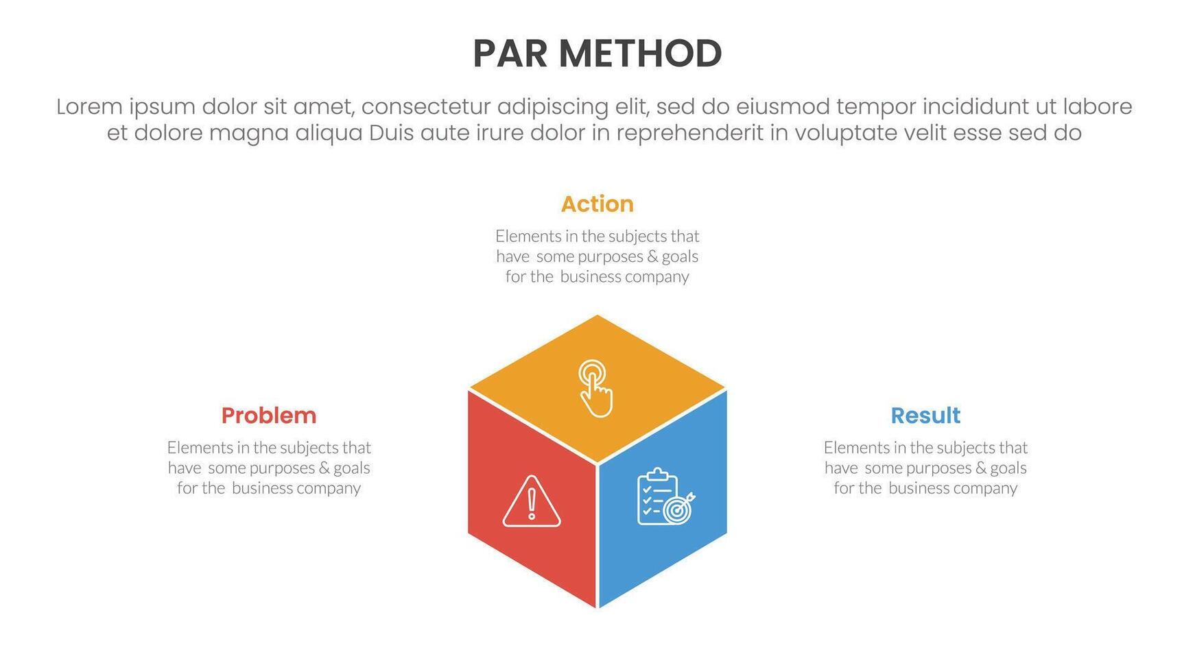 PAR method infographic 3 point with 3d box shape center for slide presentation vector