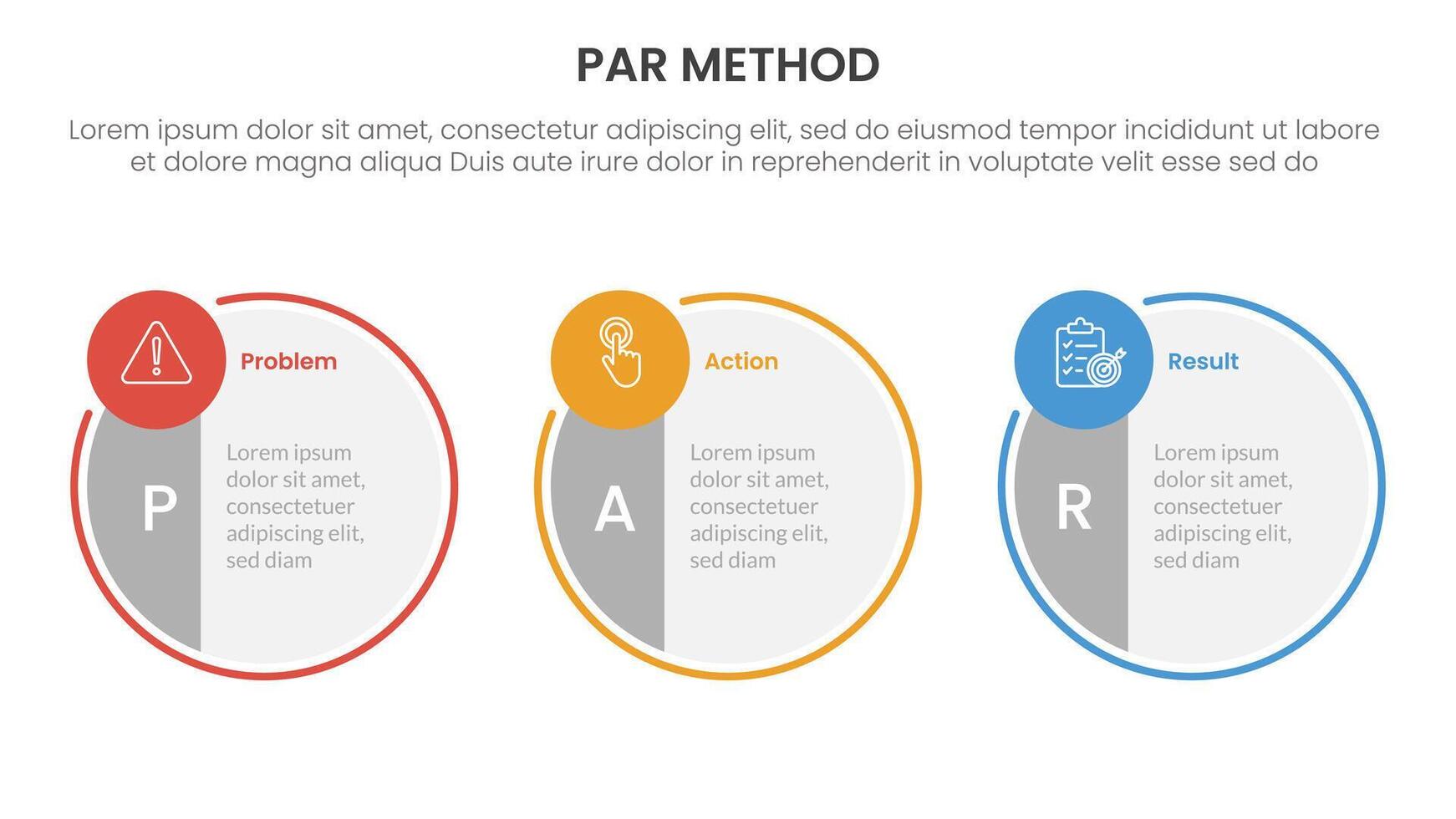 PAR method infographic 3 point with big circle symmetric and small circle badge on horizontal direction for slide presentation vector