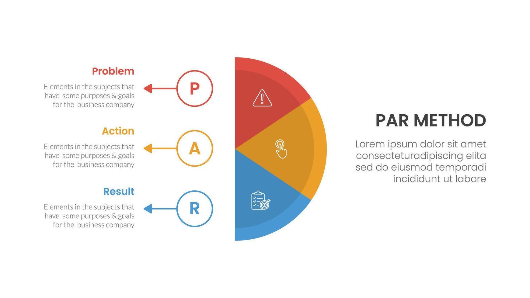 PAR method infographic 3 point with vertical half circle with outline circle and arrow for slide presentation vector