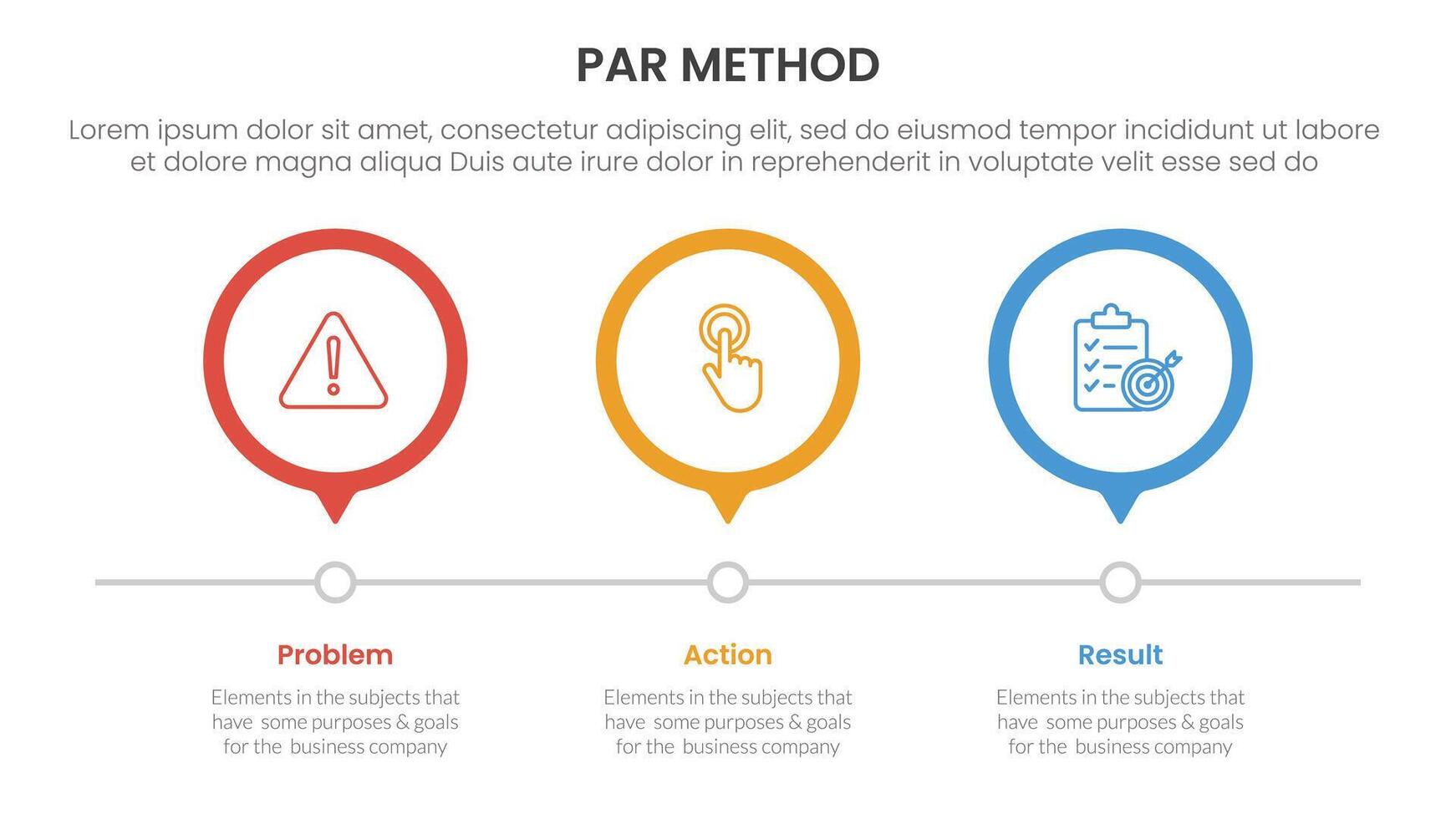 PAR method infographic 3 point with outline circle timeline right direction for slide presentation vector