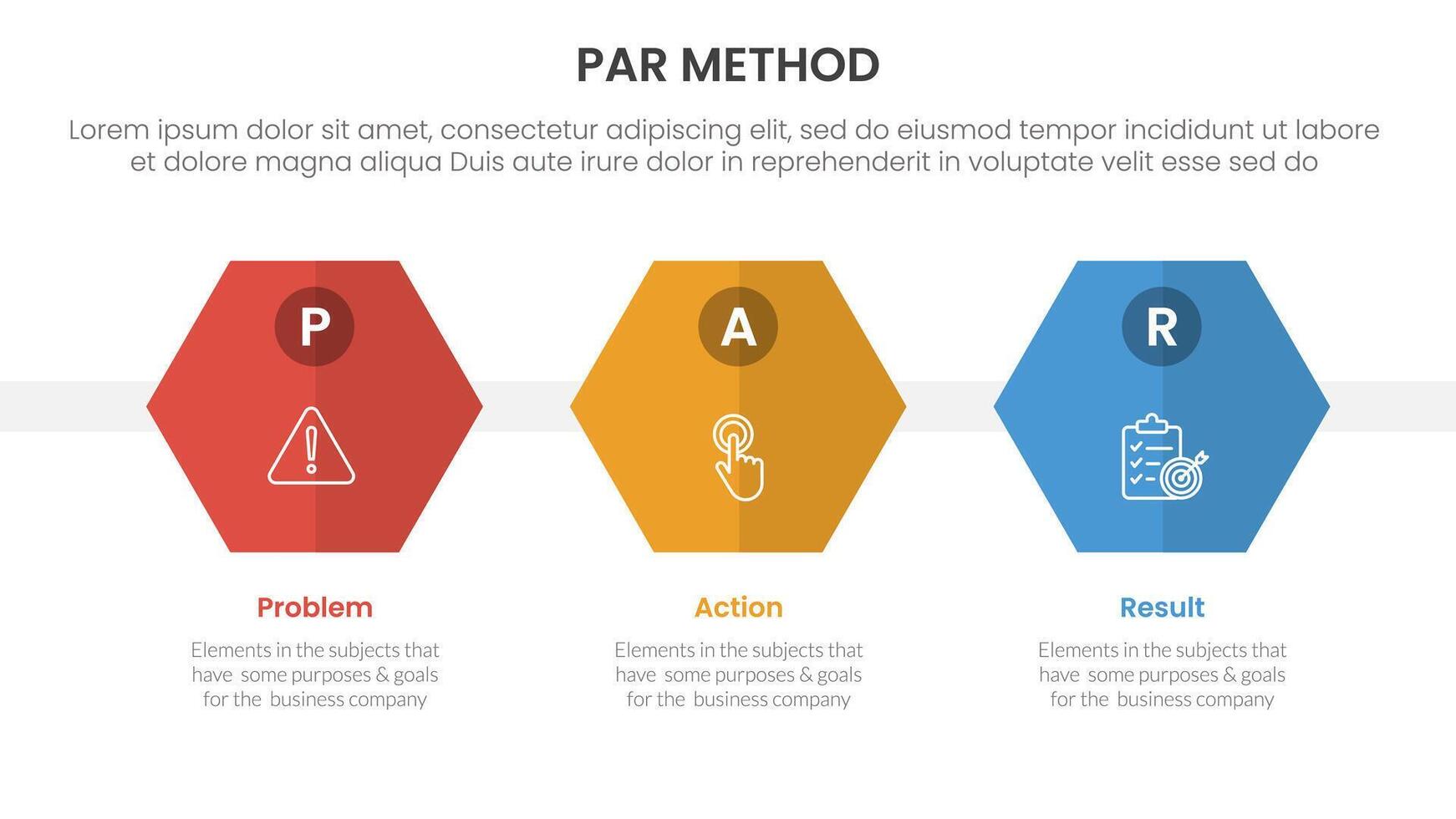 PAR method infographic 3 point with hexagon or hexagonal shape horizontal for slide presentation vector