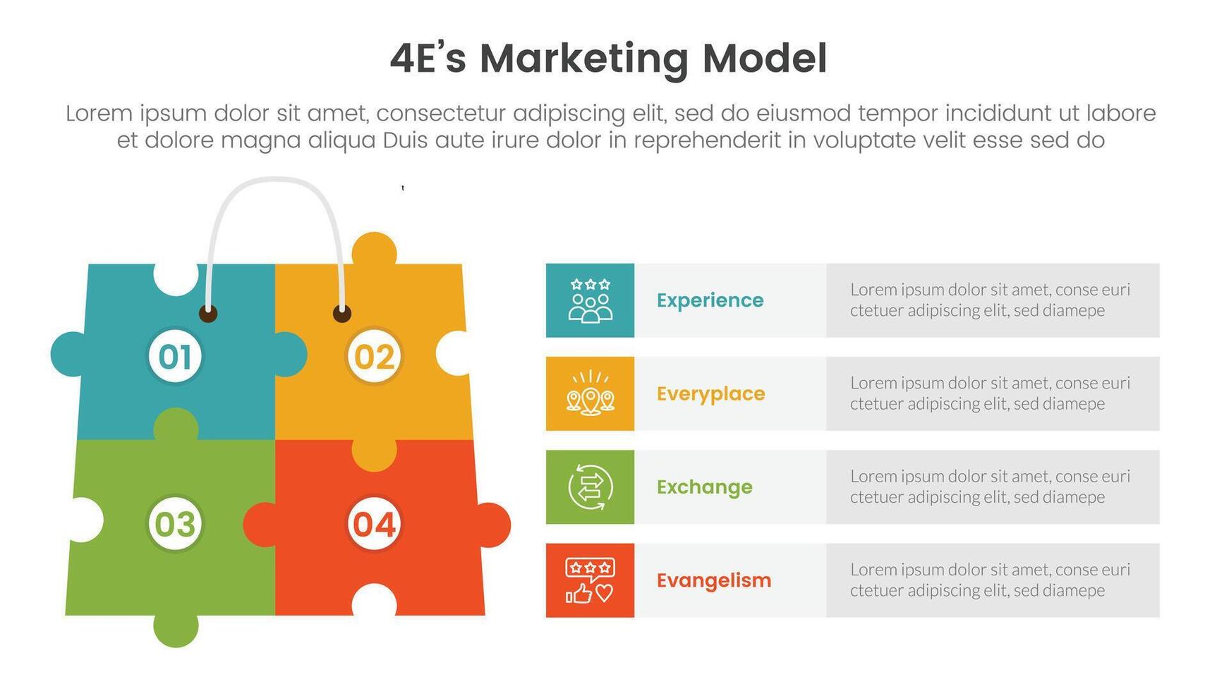 4E marketing model infographic 4 point stage template with puzzle jigsaw shopping bag with rectangle shape stack for slide presentation vector