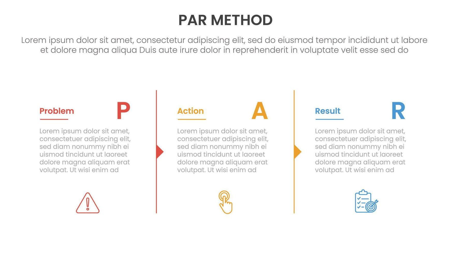 PAR method infographic 3 point with column separation with arrow outline for slide presentation vector
