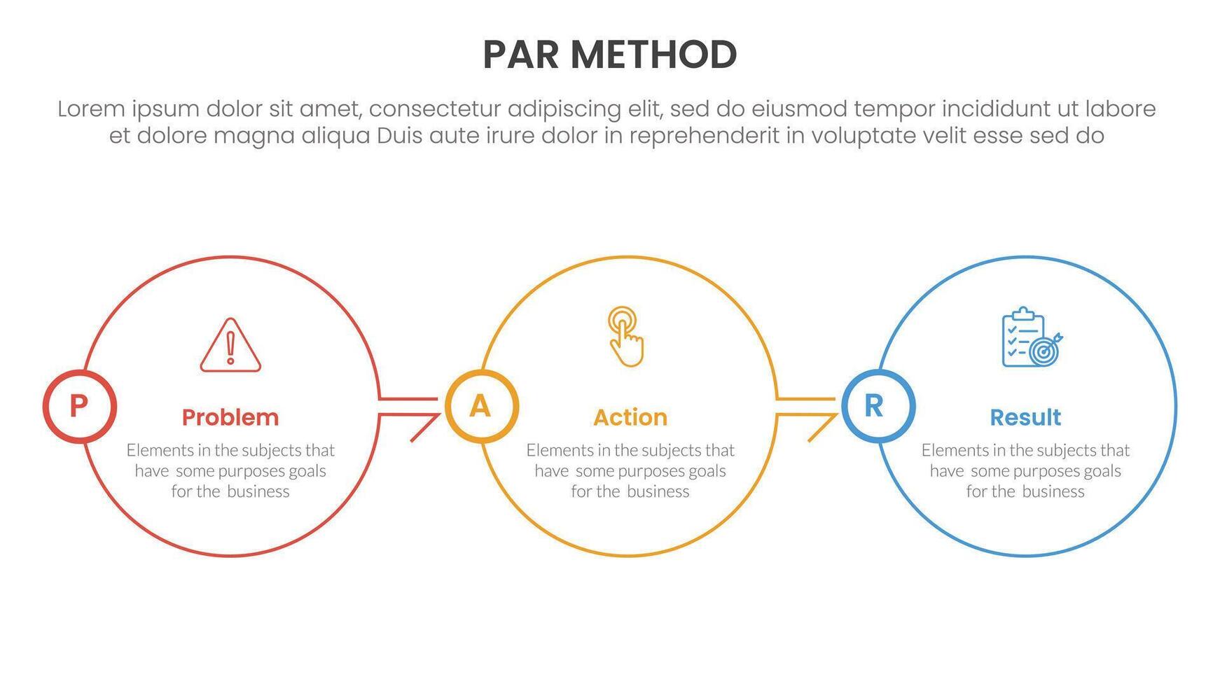 PAR method infographic 3 point with big circle outline right direction on horizontal balance for slide presentation vector