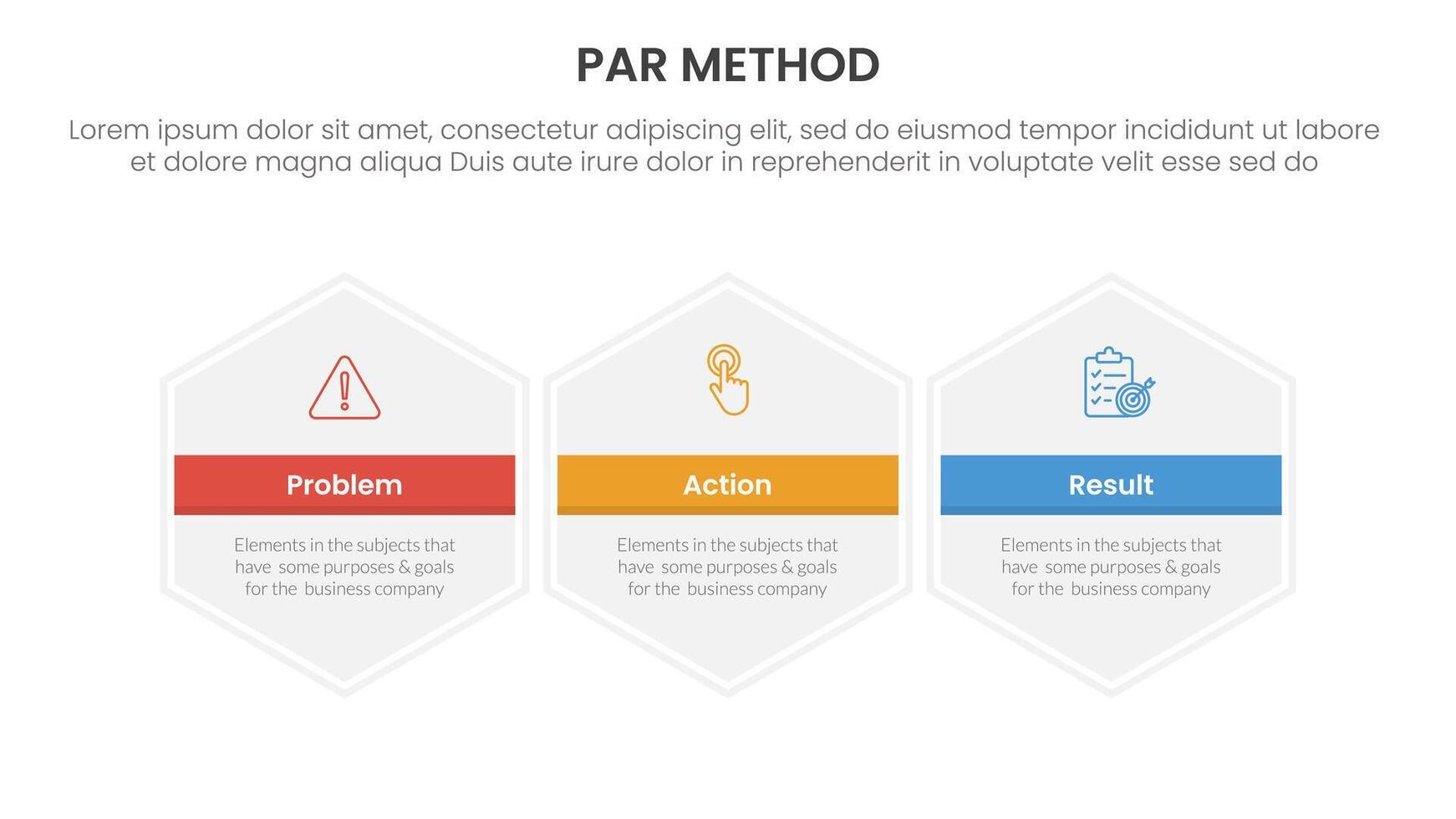 PAR method infographic 3 point with big hexagon hexagonal horizontal for slide presentation vector