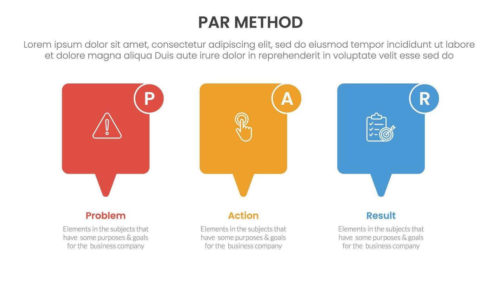 PAR method infographic 3 point with callout box horizontal direction for slide presentation vector