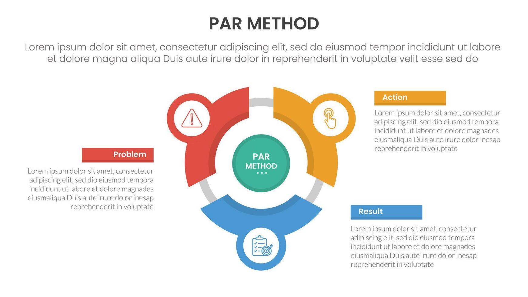 PAR method infographic 3 point with flywheel cycle circular line circle network for slide presentation vector