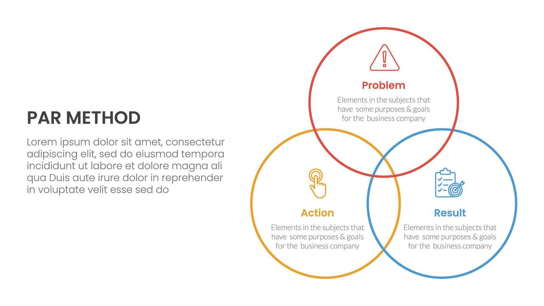 PAR method infographic 3 point with venn big circle outline joined for slide presentation vector