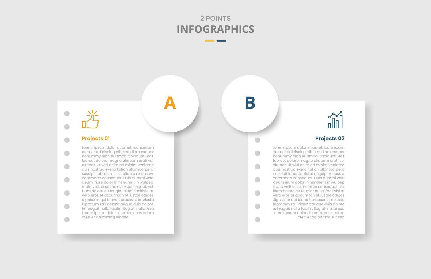 2 points comparison versus for infographic with paper page with big circle badge on edge with white background drop shadow with two point list information vector