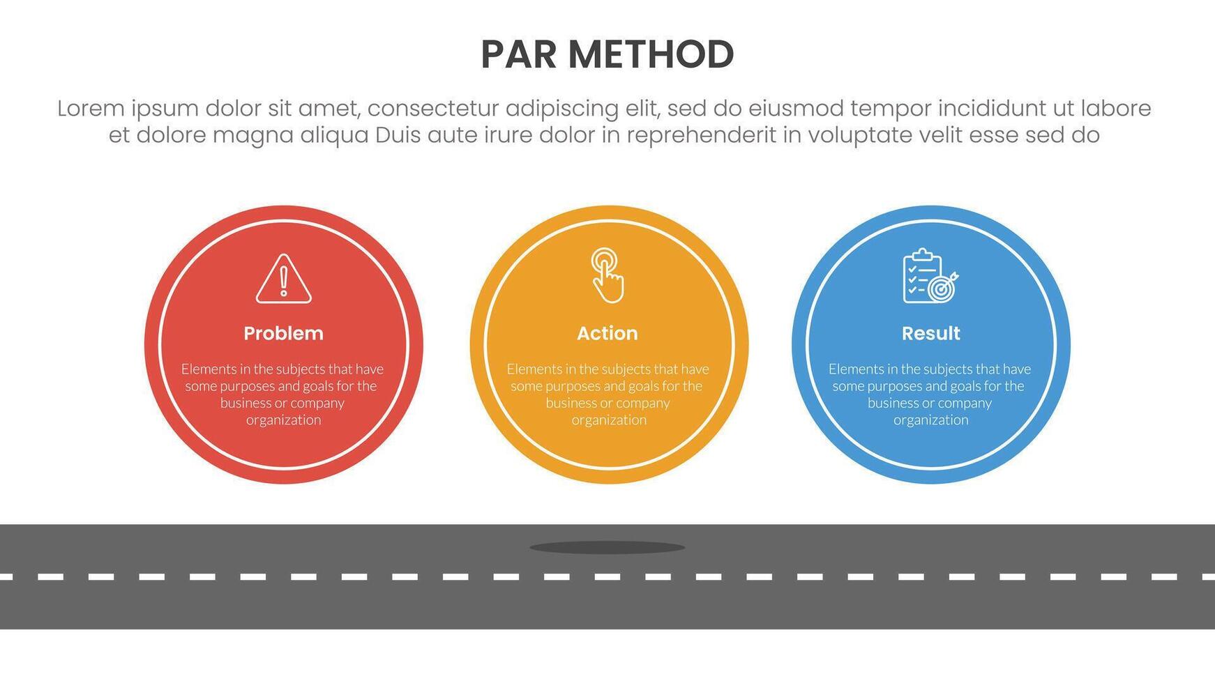 PAR method infographic 3 point with big circle symmetric horizontal on top of roadway for slide presentation vector