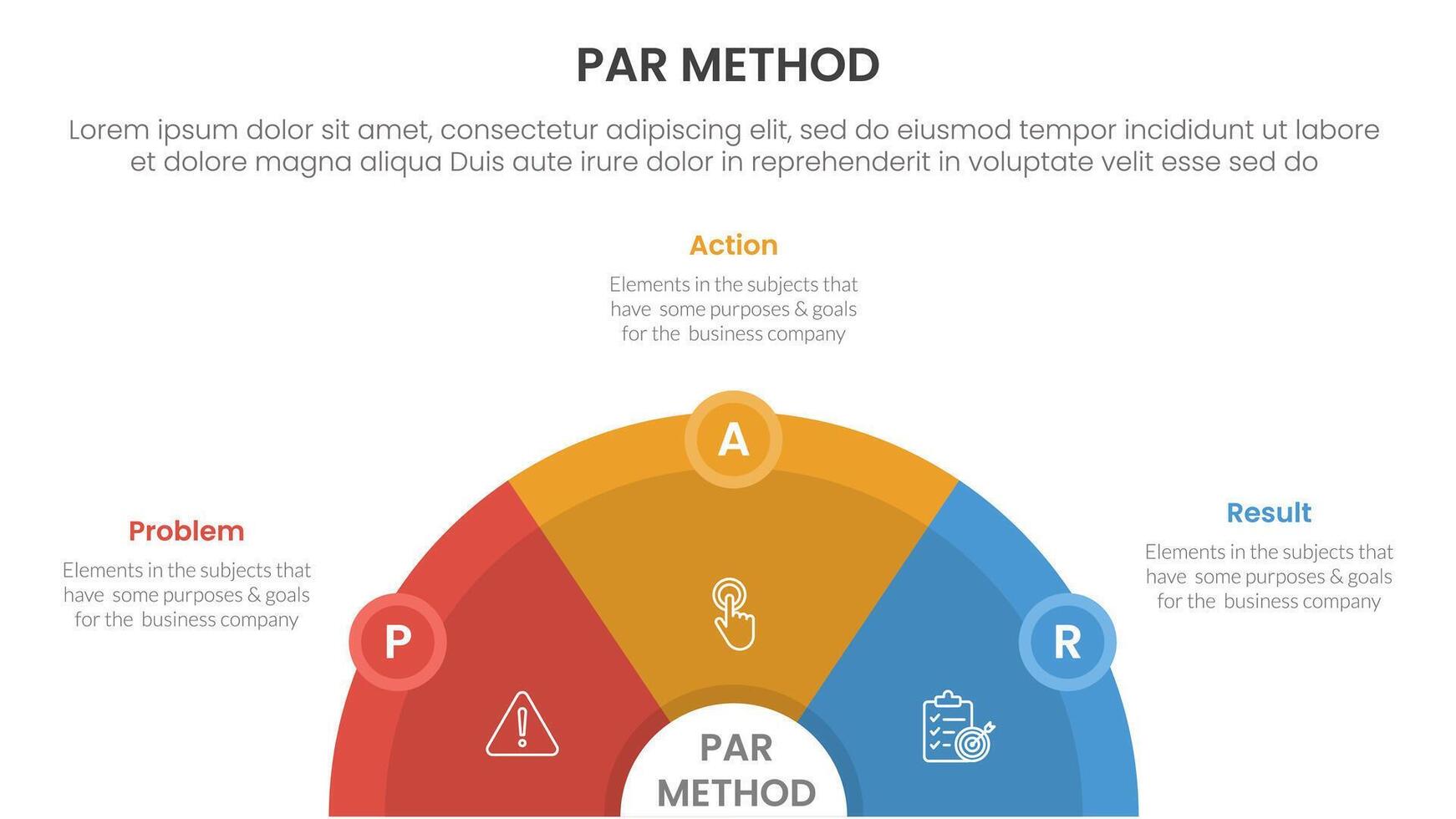 PAR method infographic 3 point with half circle horizontal with circle badge for slide presentation vector