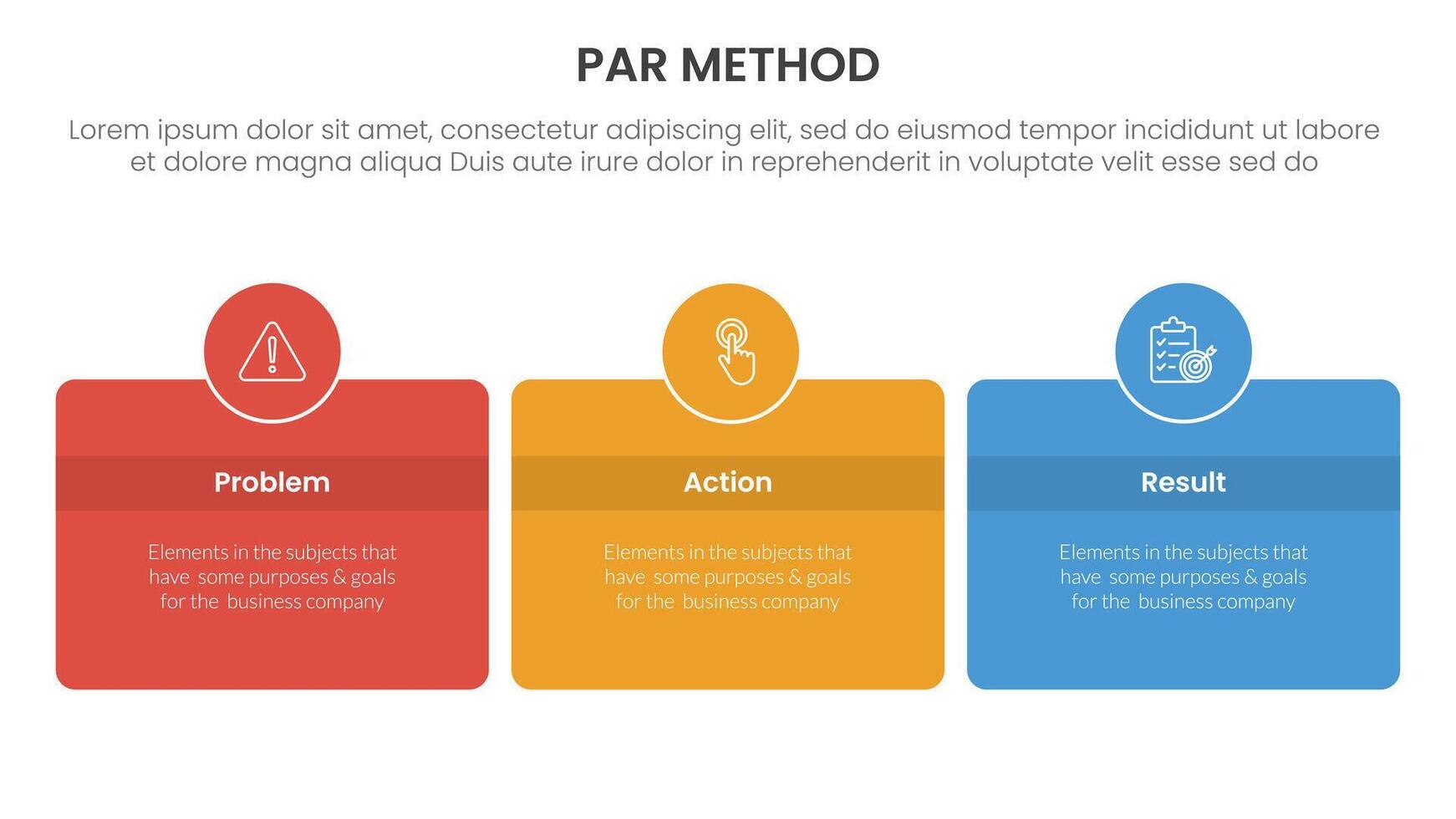 PAR method infographic 3 point with round box and circle badge on center with horizontal direction for slide presentation vector