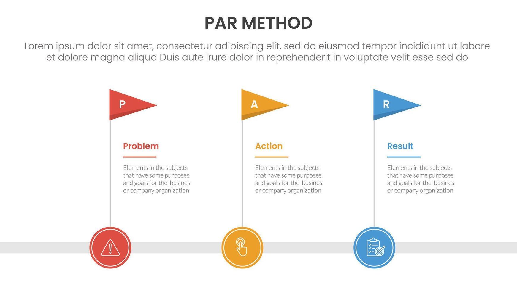 PAR method infographic 3 point with timeline flag horizontal for slide presentation vector