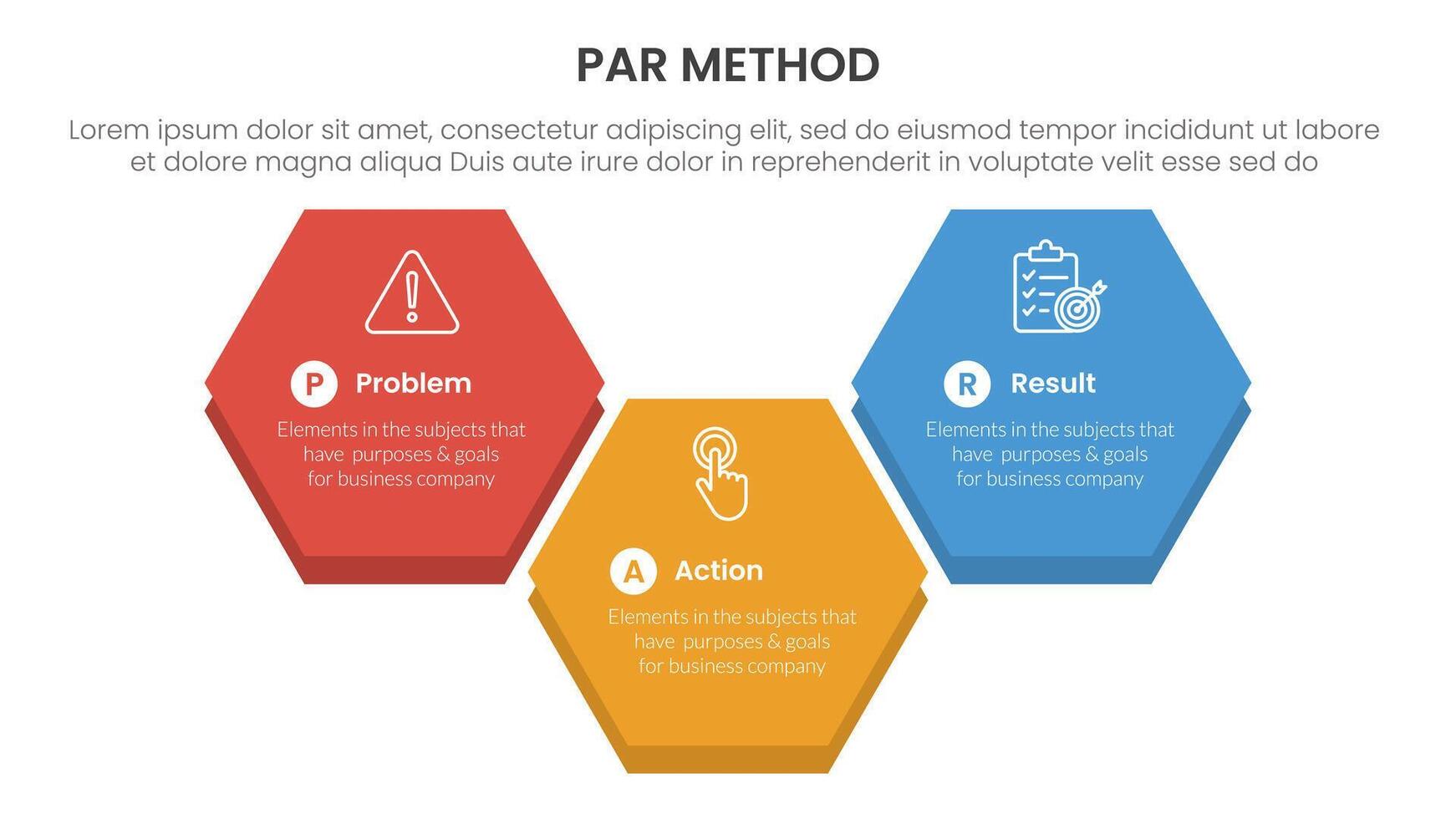 PAR method infographic 3 point with big hexagonal up and down shape for slide presentation vector