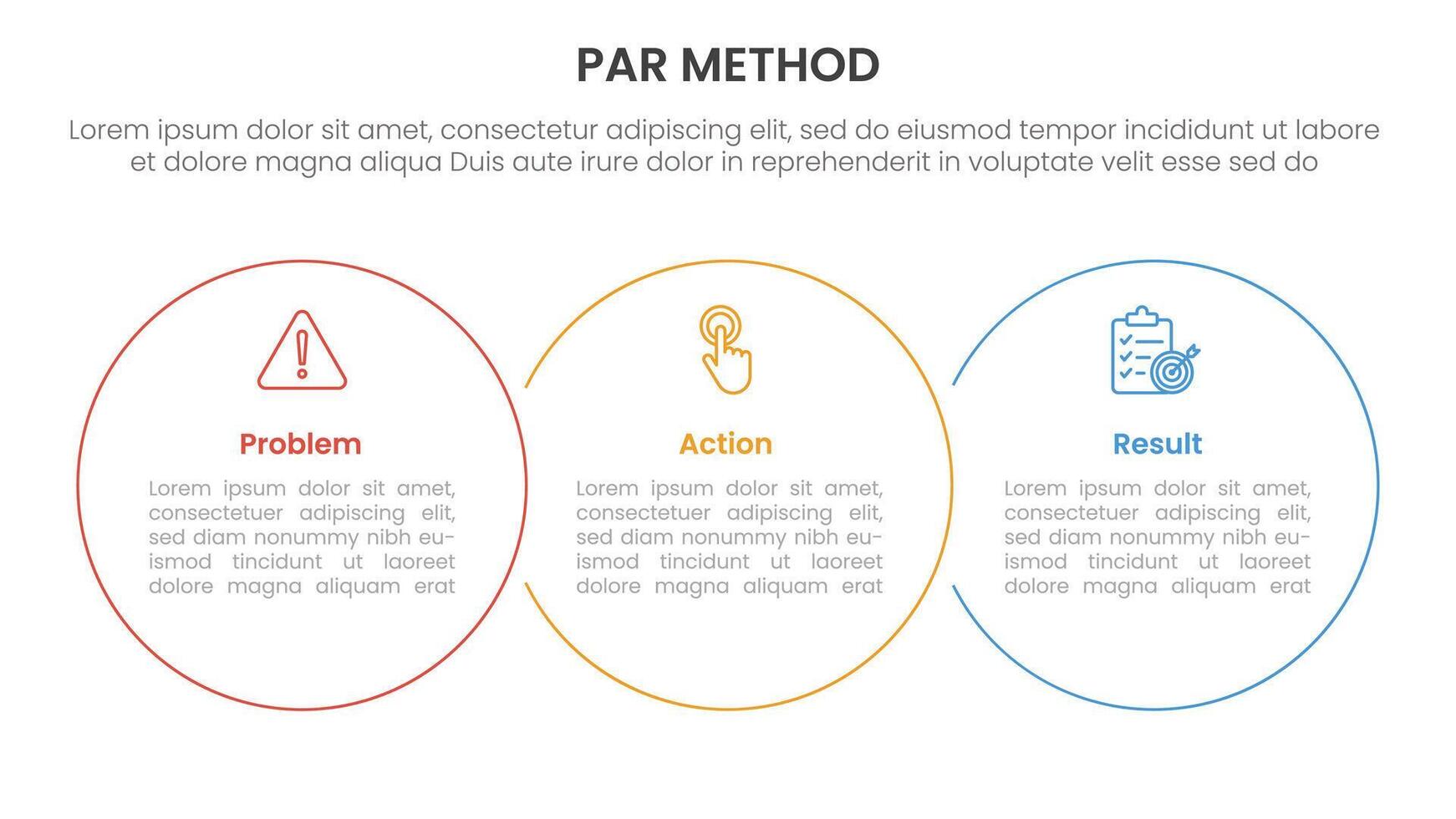 PAR method infographic 3 point with big circle outline union horizontal for slide presentation vector