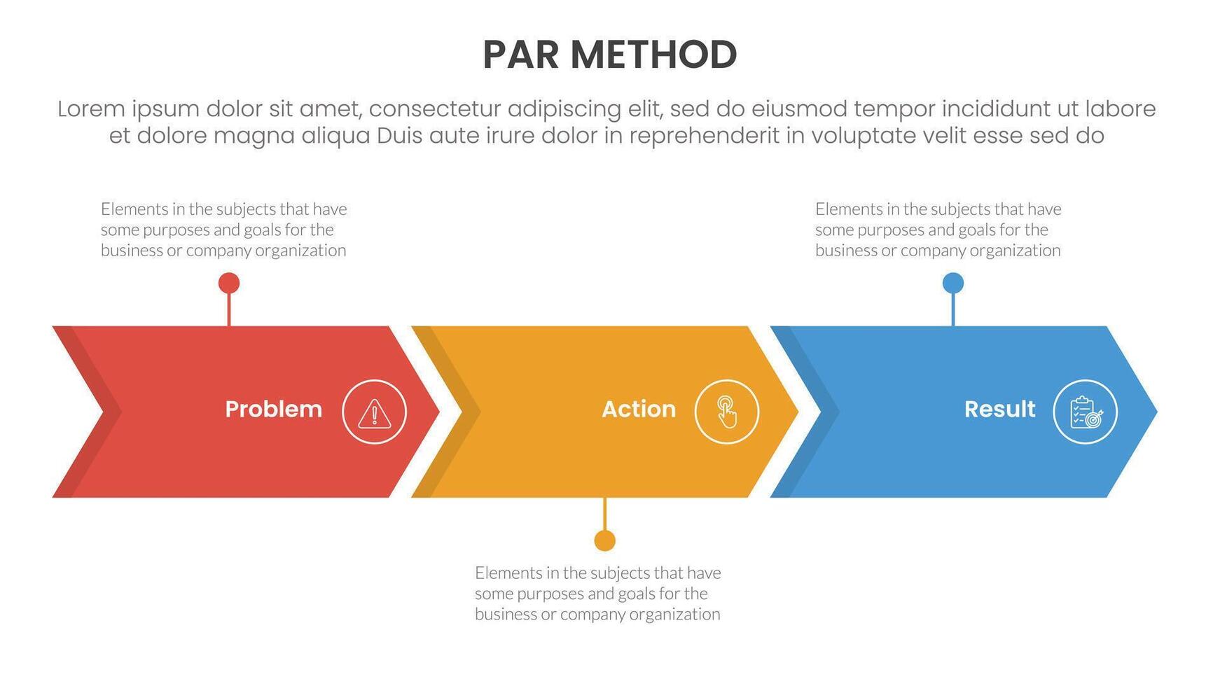 PAR method infographic 3 point with arrow right direction horizontal line for slide presentation vector