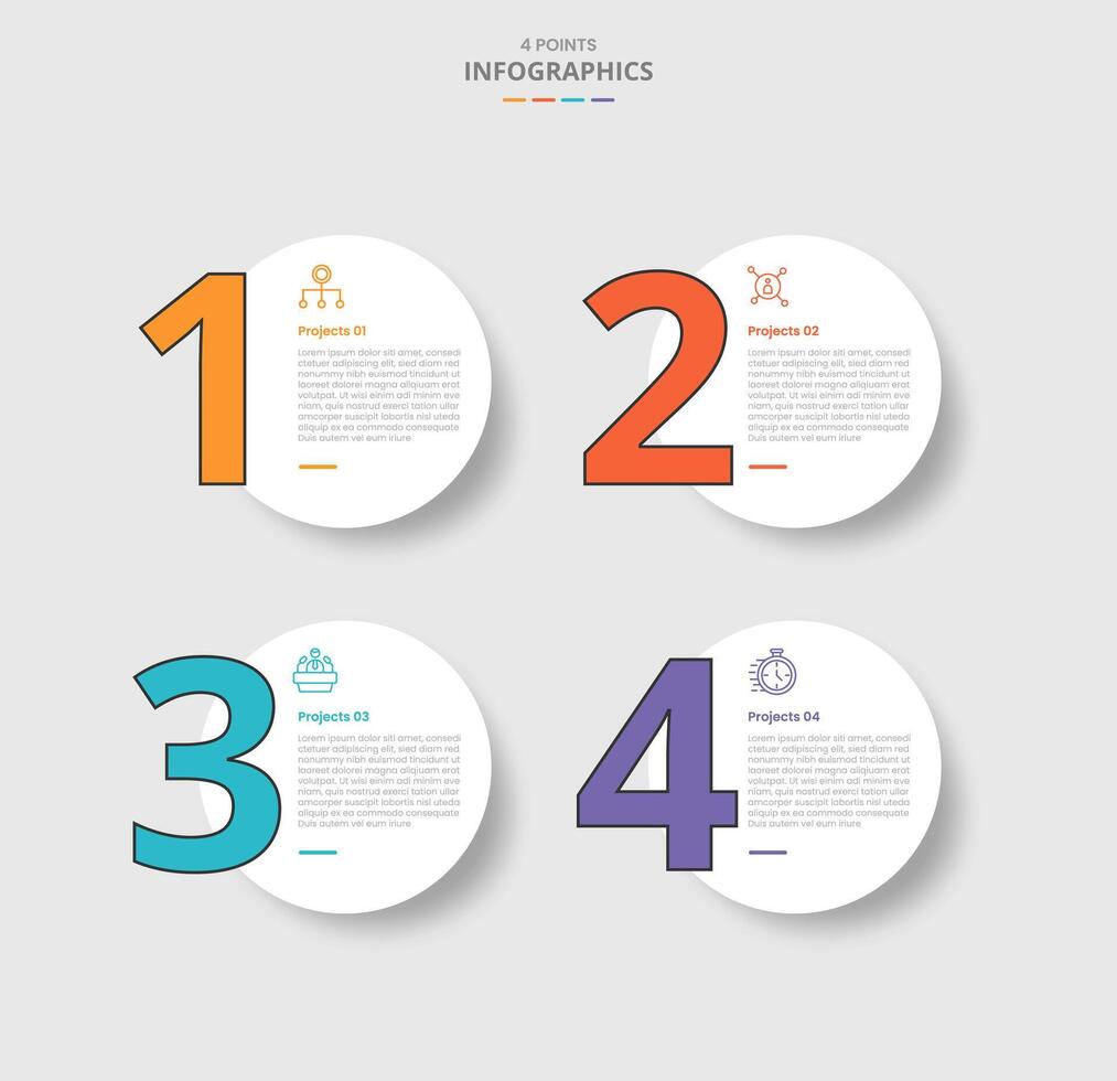4 points template infographic with big circle with big number on left with drop shadow style with four stage list information vector