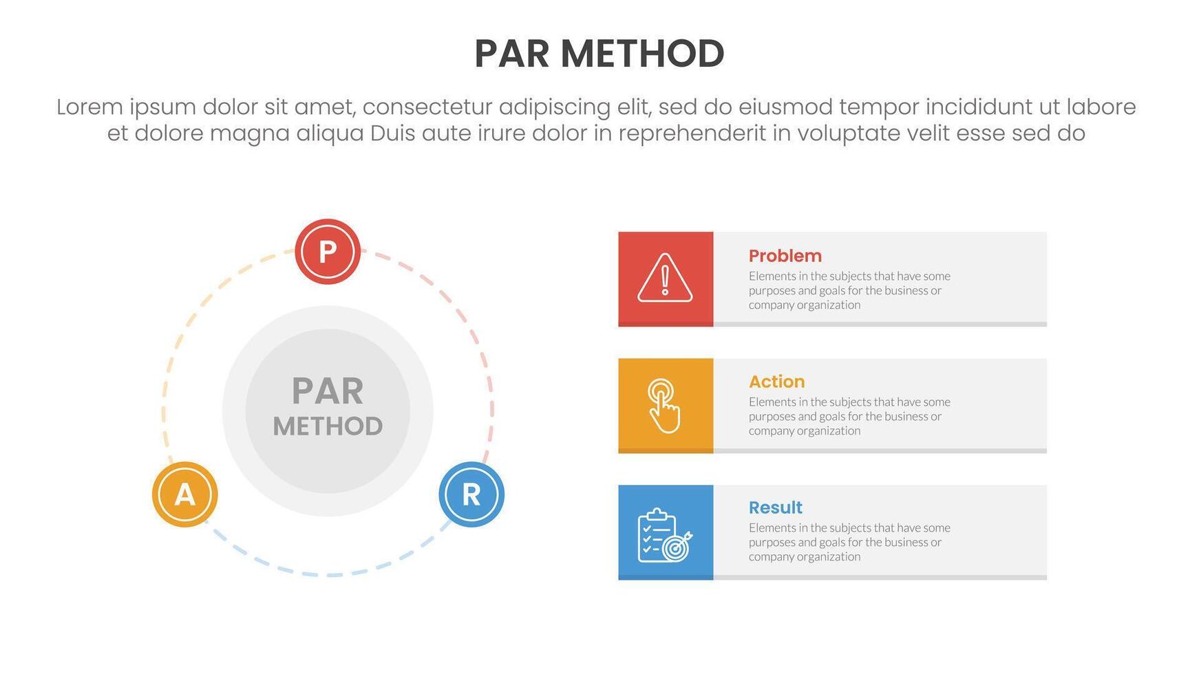 PAR method infographic 3 point with big circle and outline badge on the line for slide presentation vector