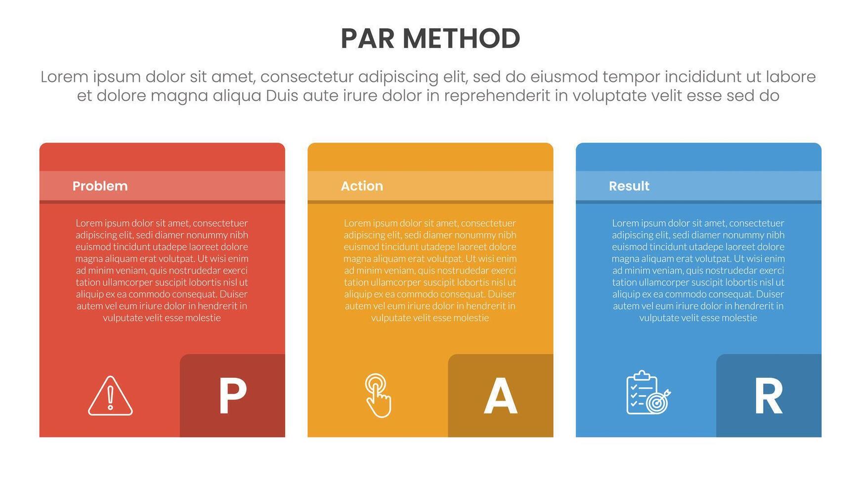 PAR method infographic 3 point with box container table with badge number on bottom for slide presentation vector