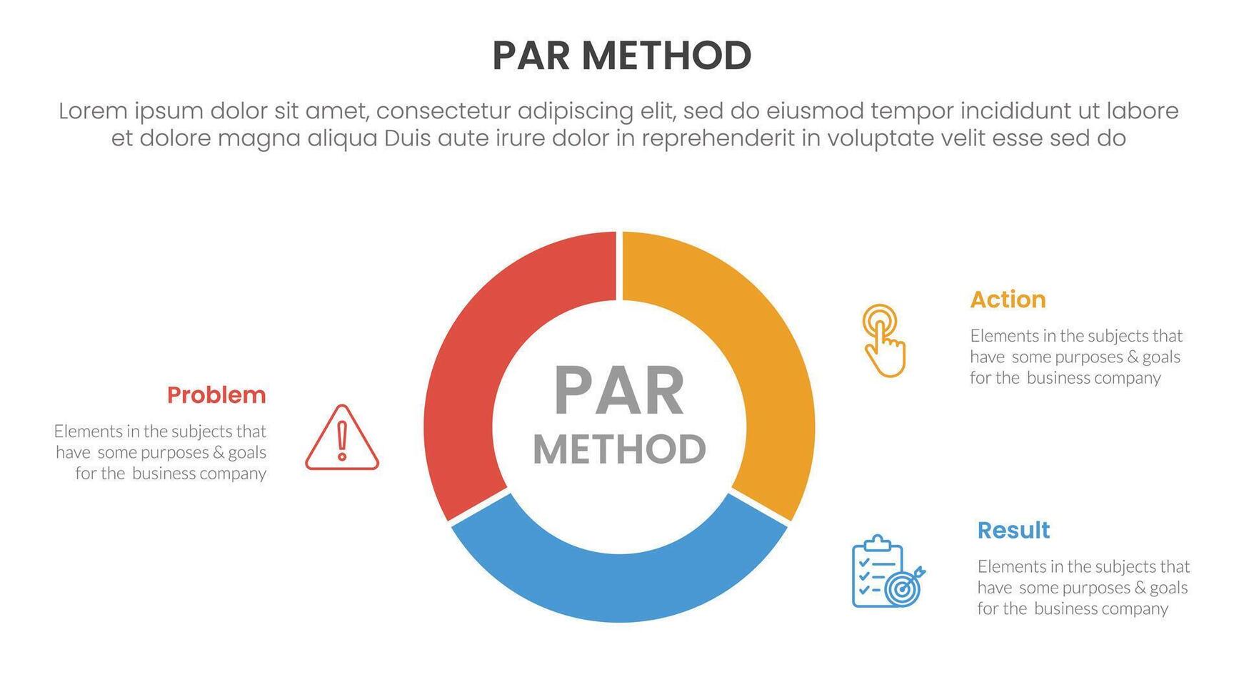 PAR method infographic 3 point with circle pie chart diagram cutted outline for slide presentation vector