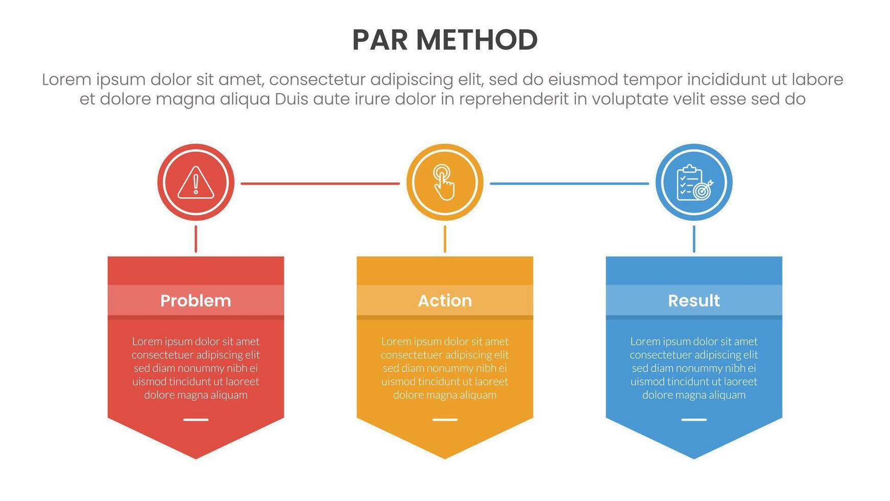PAR method infographic 3 point with badge box shield and circle connected for slide presentation vector