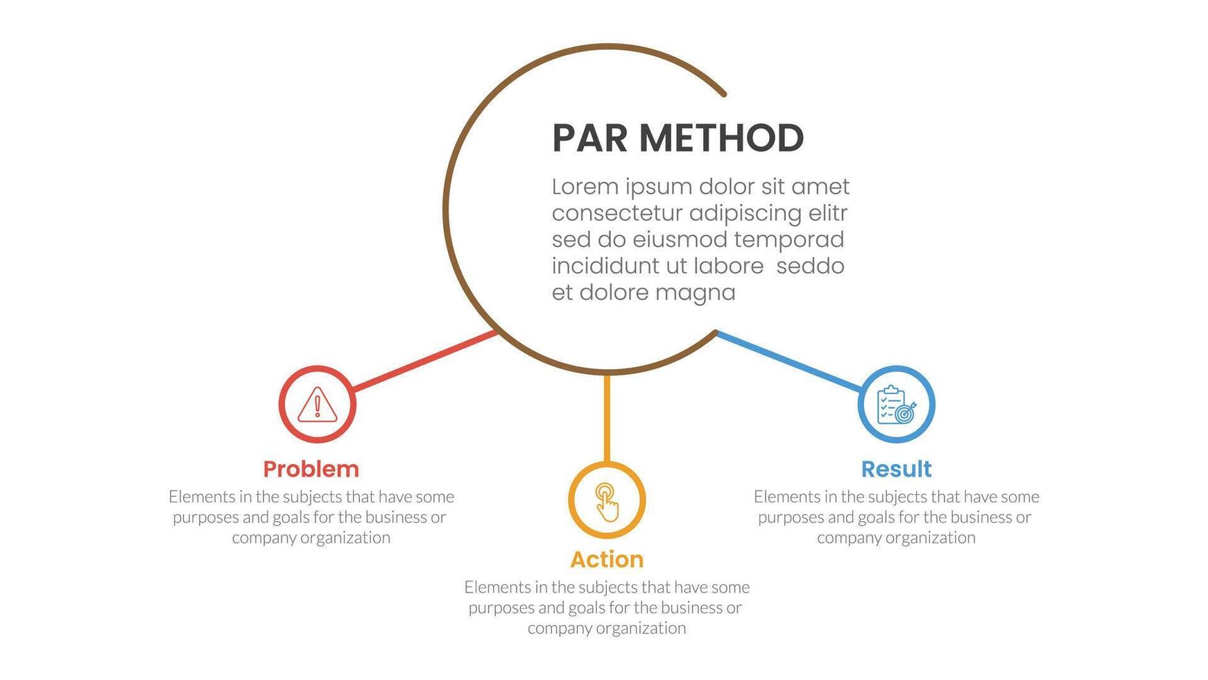 PAR method infographic 3 point with big circle and small circle linked for slide presentation vector