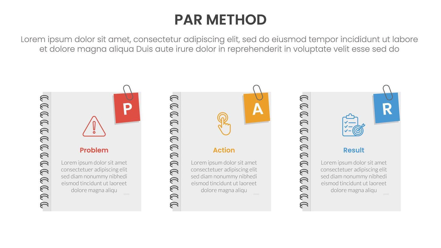 PAR method infographic 3 point with books cover with pin holder on right side for slide presentation vector