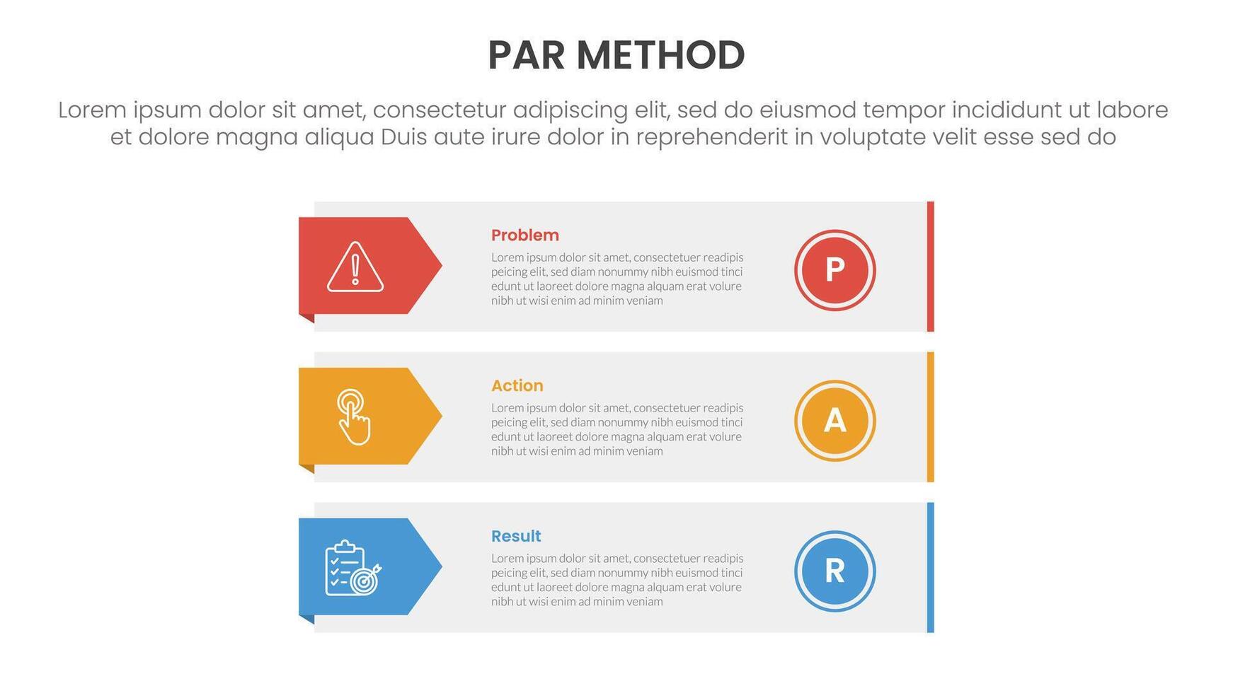 PAR method infographic 3 point with long rectangle box container with arrow badge side for slide presentation vector
