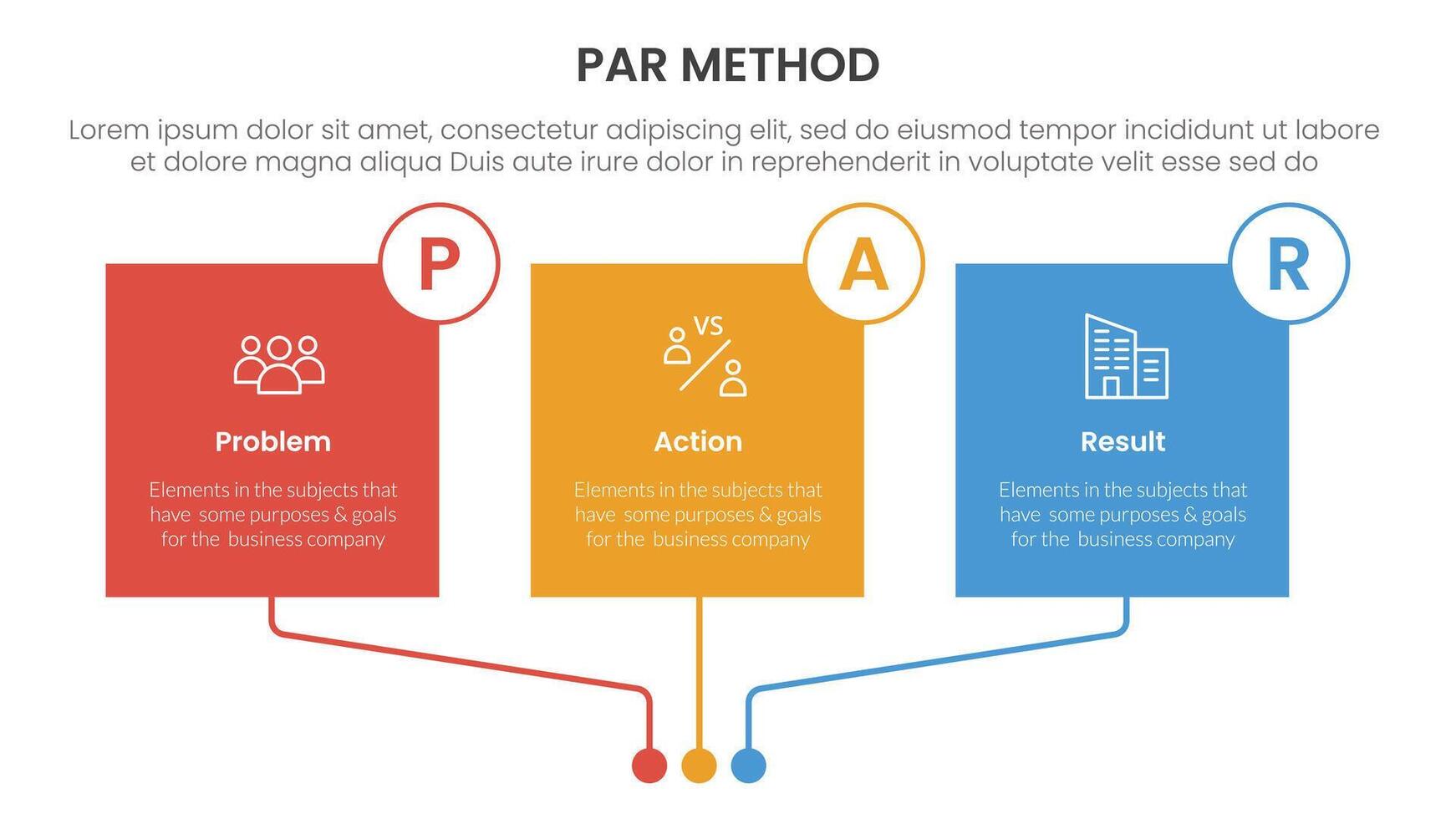 PAR method infographic 3 point with square box linked connection circle badge for slide presentation vector