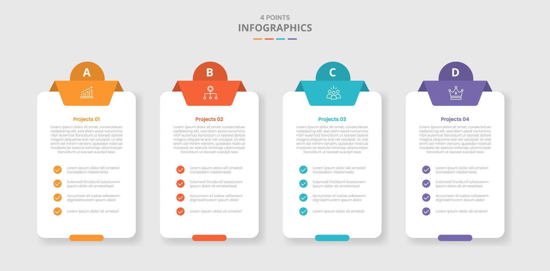 4 points template comparison concept for infographic with box table container with checklist and circle badge top with drop shadow style with two point list information vector
