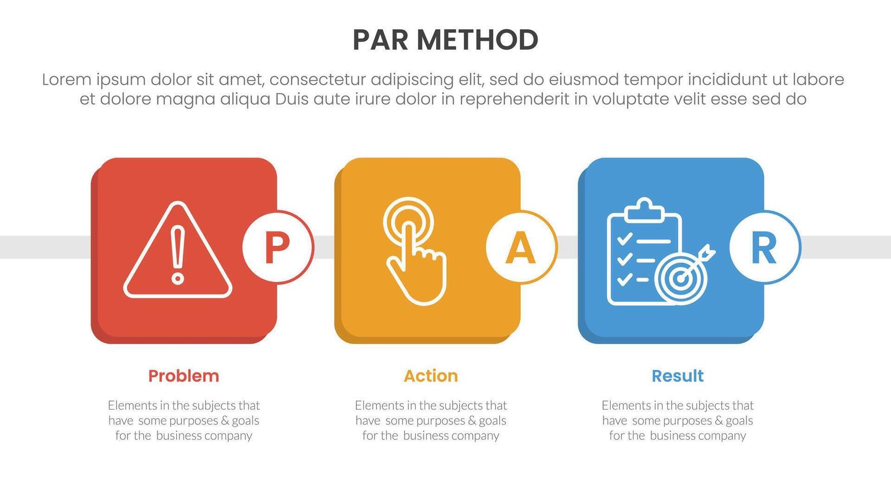 PAR method infographic 3 point with round square box timeline style for slide presentation vector