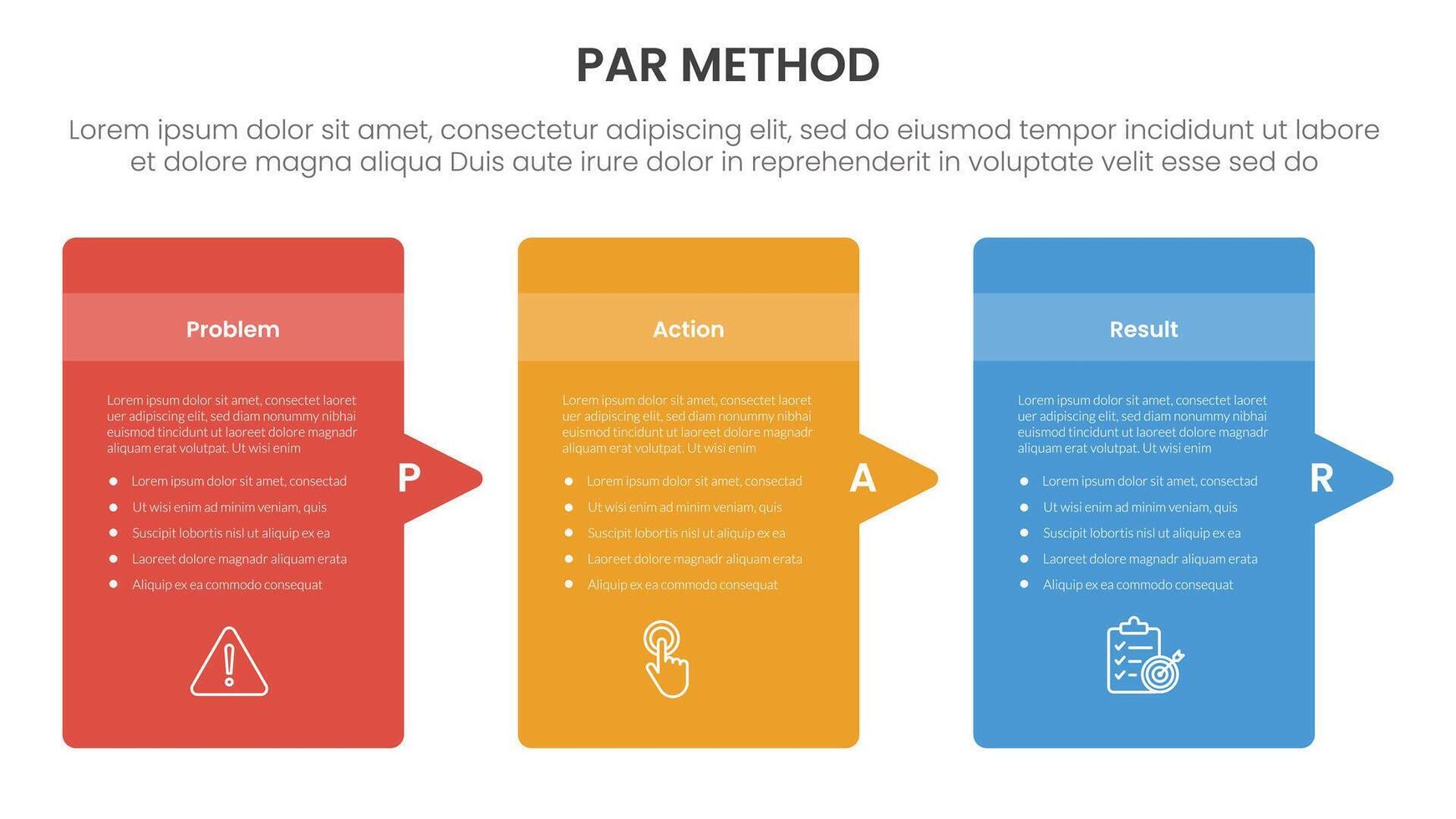 PAR method infographic 3 point with round box container with arrow right side direction for slide presentation vector