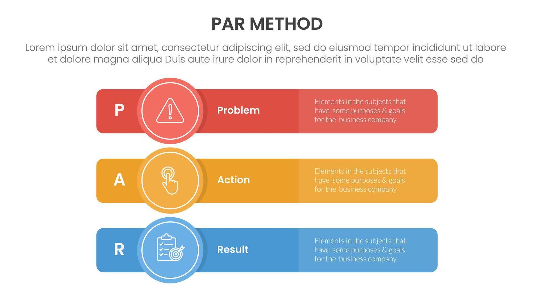 PAR method infographic 3 point with long rectangle box with circle badge for slide presentation vector