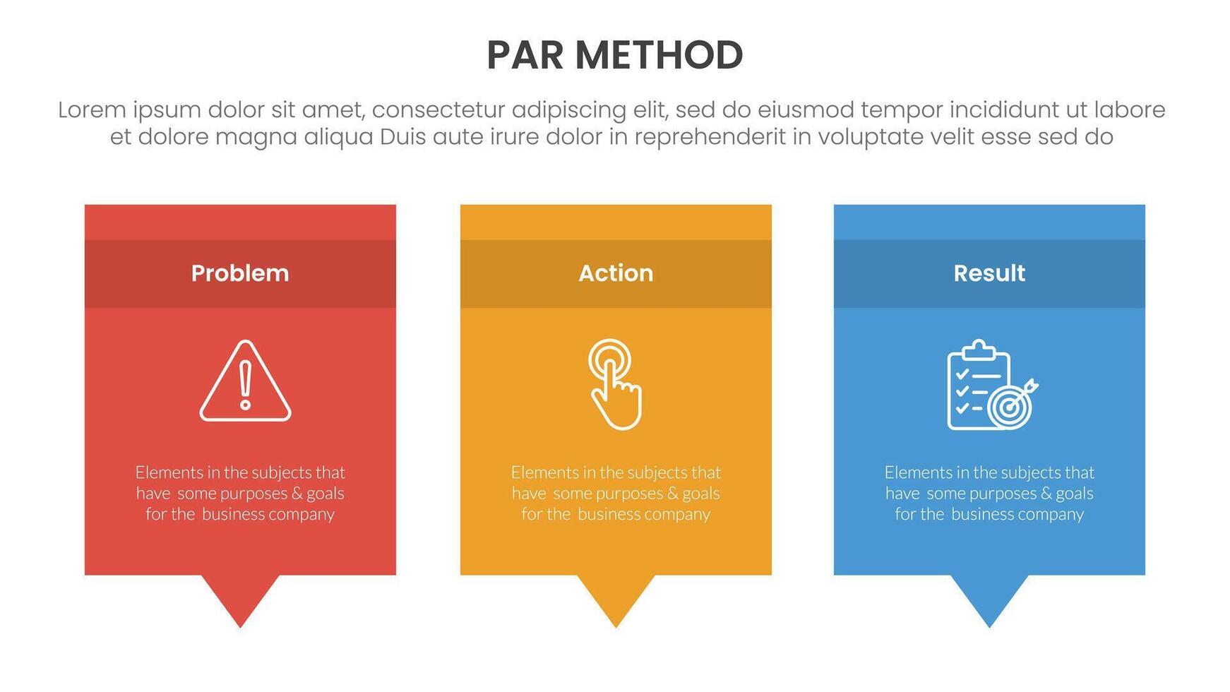 PAR method infographic 3 point with rectangle box and callout comment dialog on bottom for slide presentation vector
