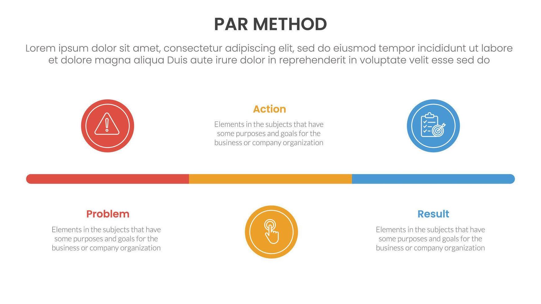 PAR method infographic 3 point with small circle timeline horizontal for slide presentation vector