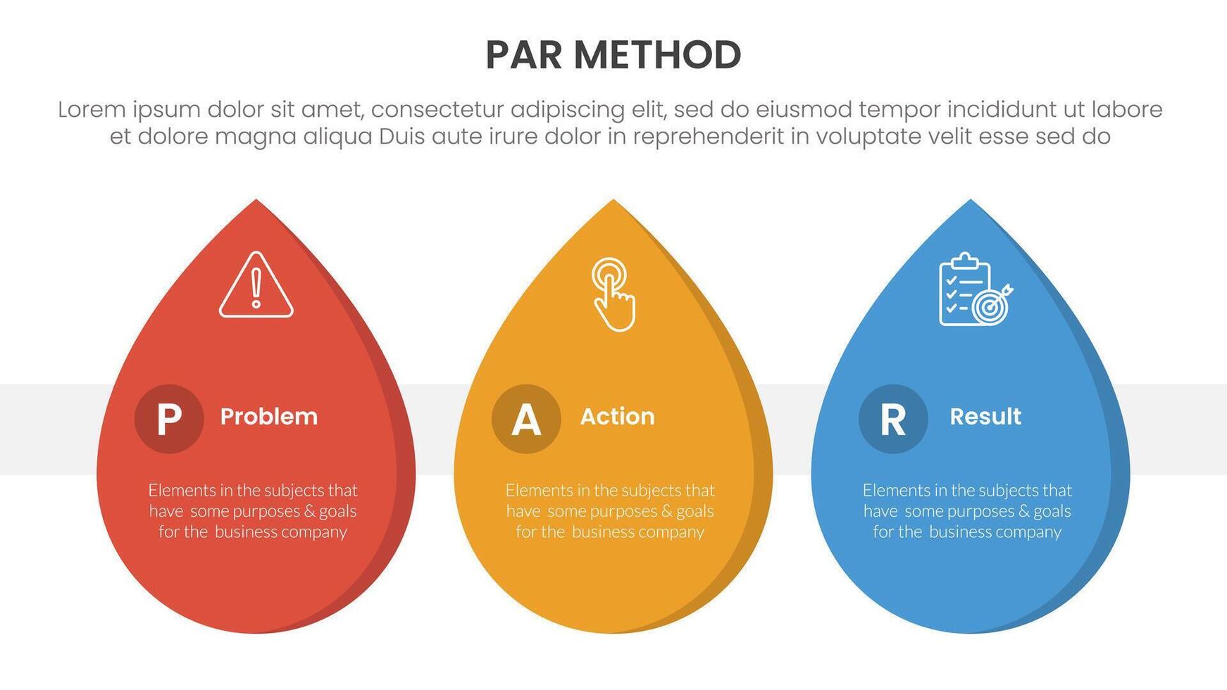PAR method infographic 3 point with waterdrop shape horizontal for slide presentation vector