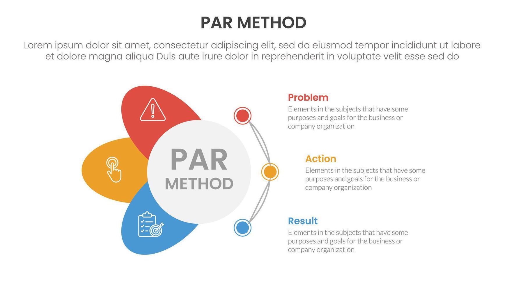 PAR method infographic 3 point with circle and wings shape dot connection for slide presentation vector
