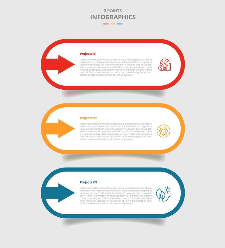 3 points template infographic with round rectangle box with arrow stacked with drop shadow style with three stage list information vector