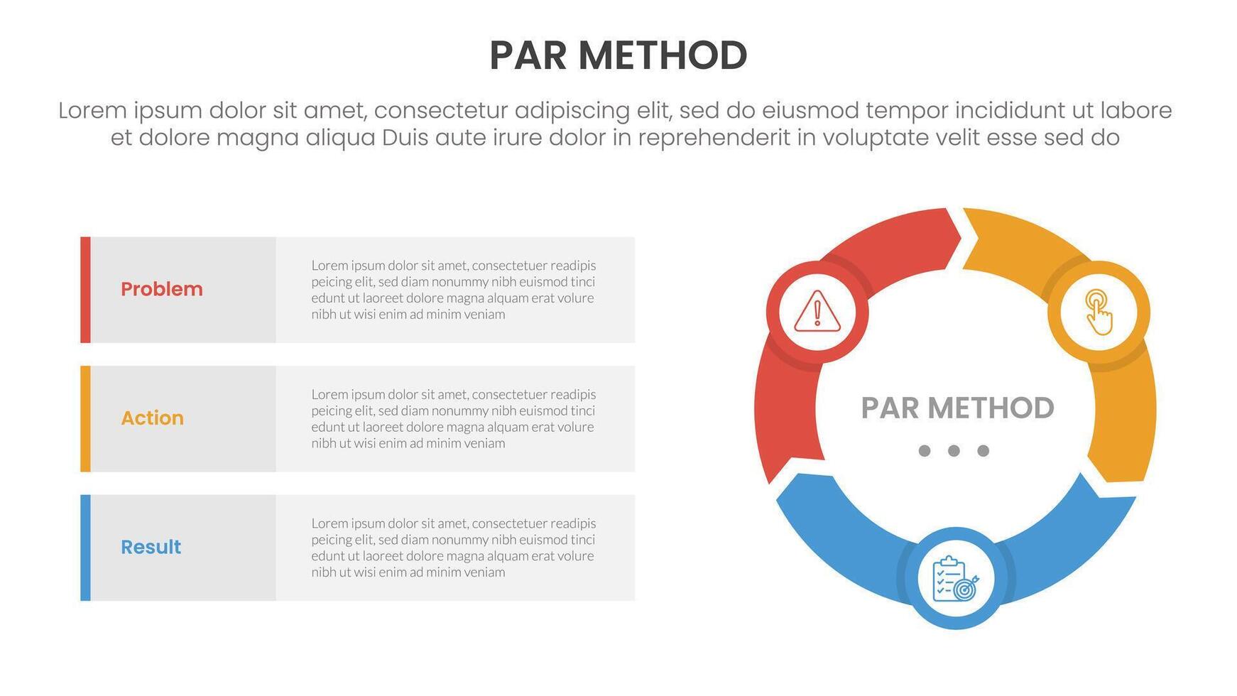 PAR method infographic 3 point with flywheel cycle circular and arrow shape for slide presentation vector