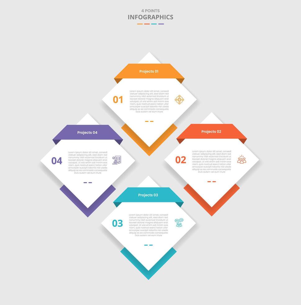 4 points template comparison concept for infographic with creative diamond shape on diamonds structure with drop shadow style with two point list information vector